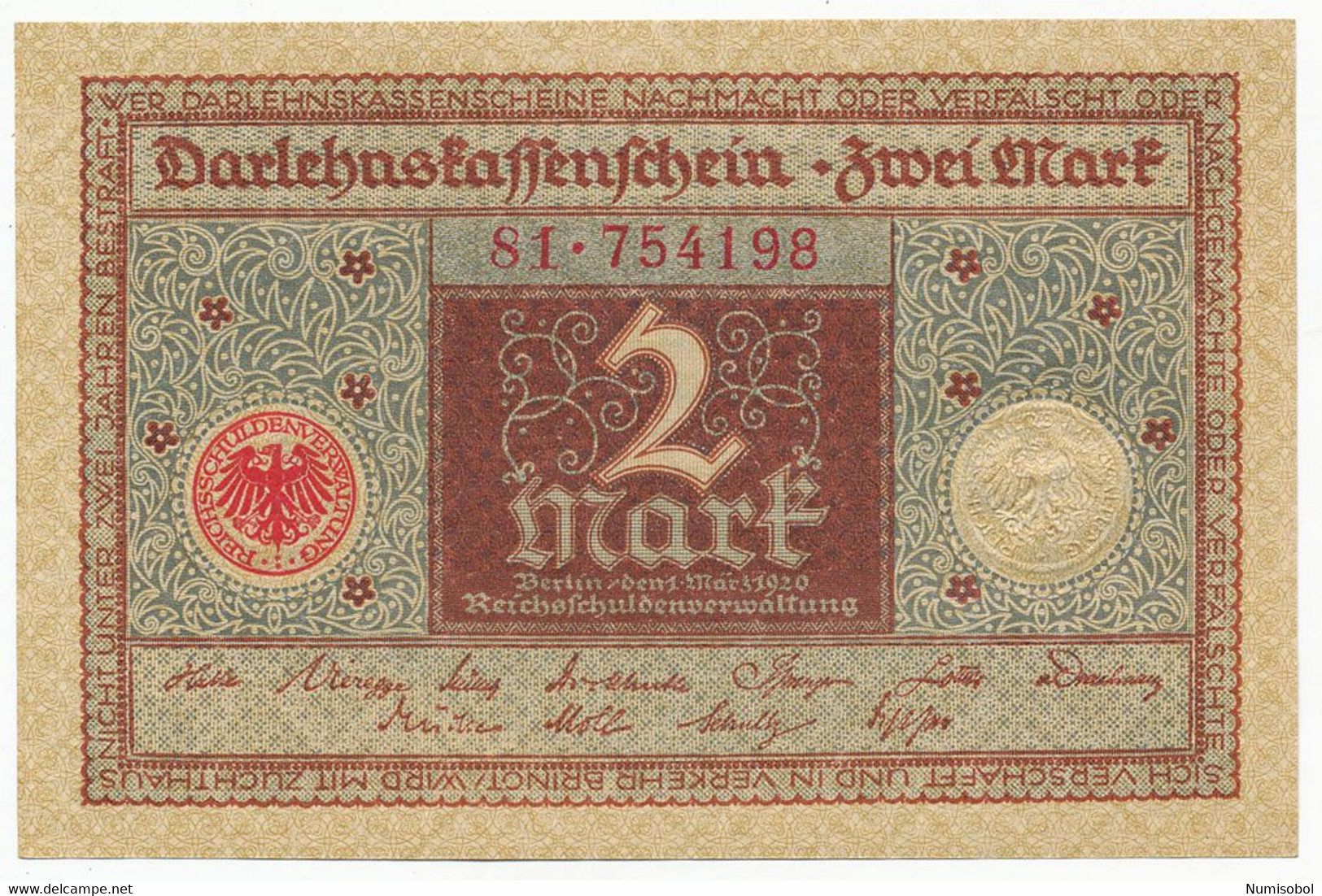 GERMANY, DEUTSCHLAND - 2 Mark 1. 3. 1920. P59, UNC. (D014) - Sonstige & Ohne Zuordnung