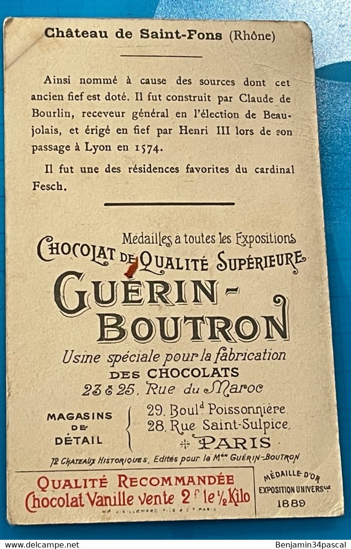 Chocolat GUÉRIN-BOUTRON Image -Chromo Ancienne - Château De Saint-Fons  ( Rhône ) - Chocolat