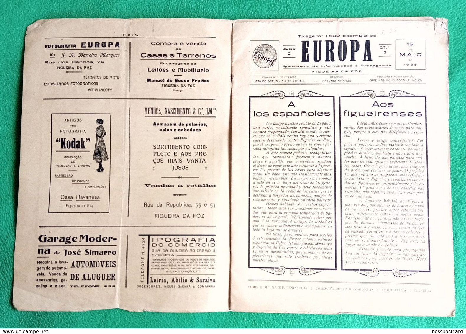 Figueira Da Foz - Revista "Europa" Nº 3 De 15 De Maio De 1925 - Publicidade - Comercial. Coimbra. Portugal. - Allgemeine Literatur