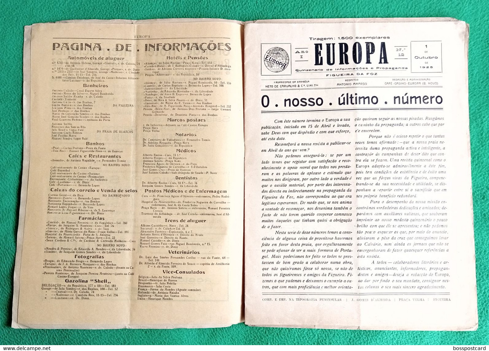 Figueira Da Foz - Revista "Europa" Nº 12 De 1 De Outubro De 1925 - Publicidade - Comercial. Coimbra. Portugal. - Algemene Informatie