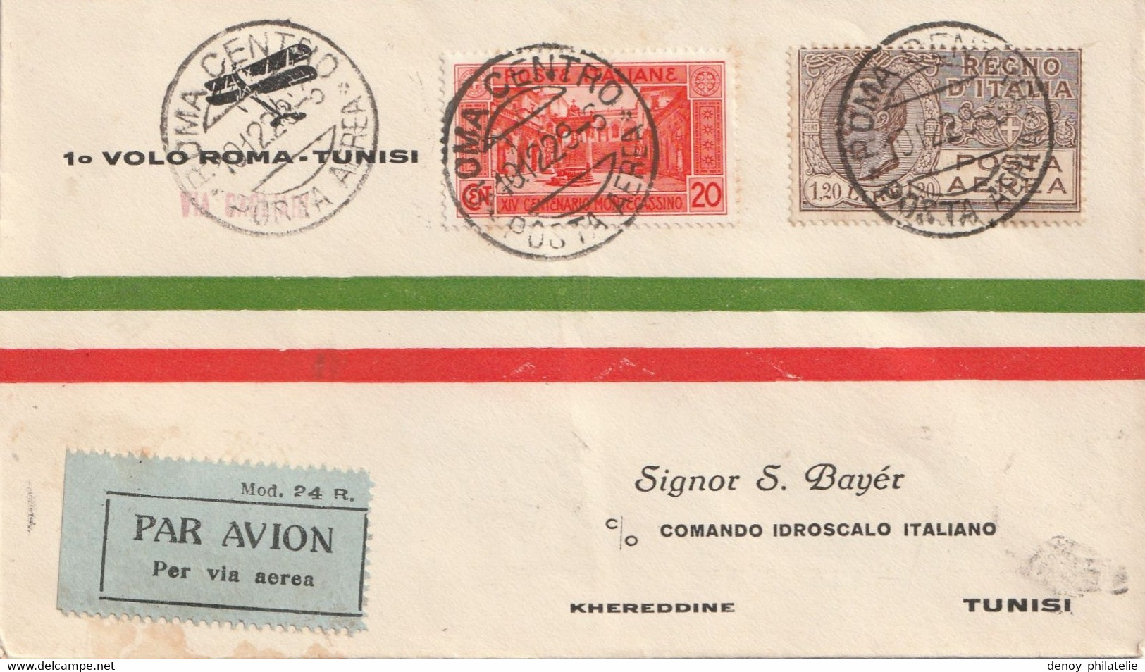 Italie Premier Vol Rome Tunisie - Volo Roma Tunisi Le 10 12 1929  Avec Cachet 'arrivée Tunisie Tunis RP En Mécanique RRR - Storia Postale (Posta Aerea)