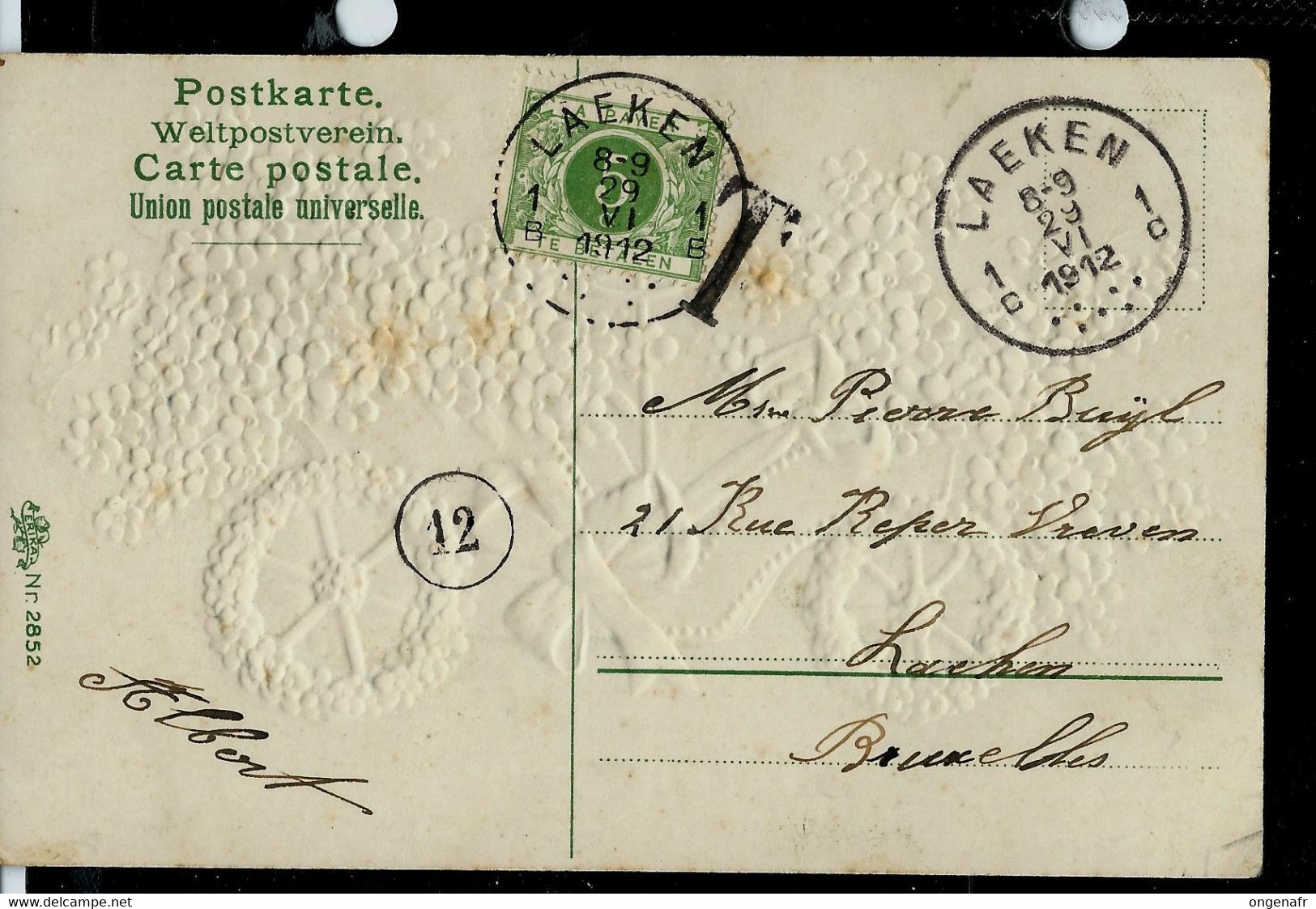 Carte Fantaisie; De LAEKEN - 1C - 1912 Et Taxé Pour Absence De Timbre - Other & Unclassified