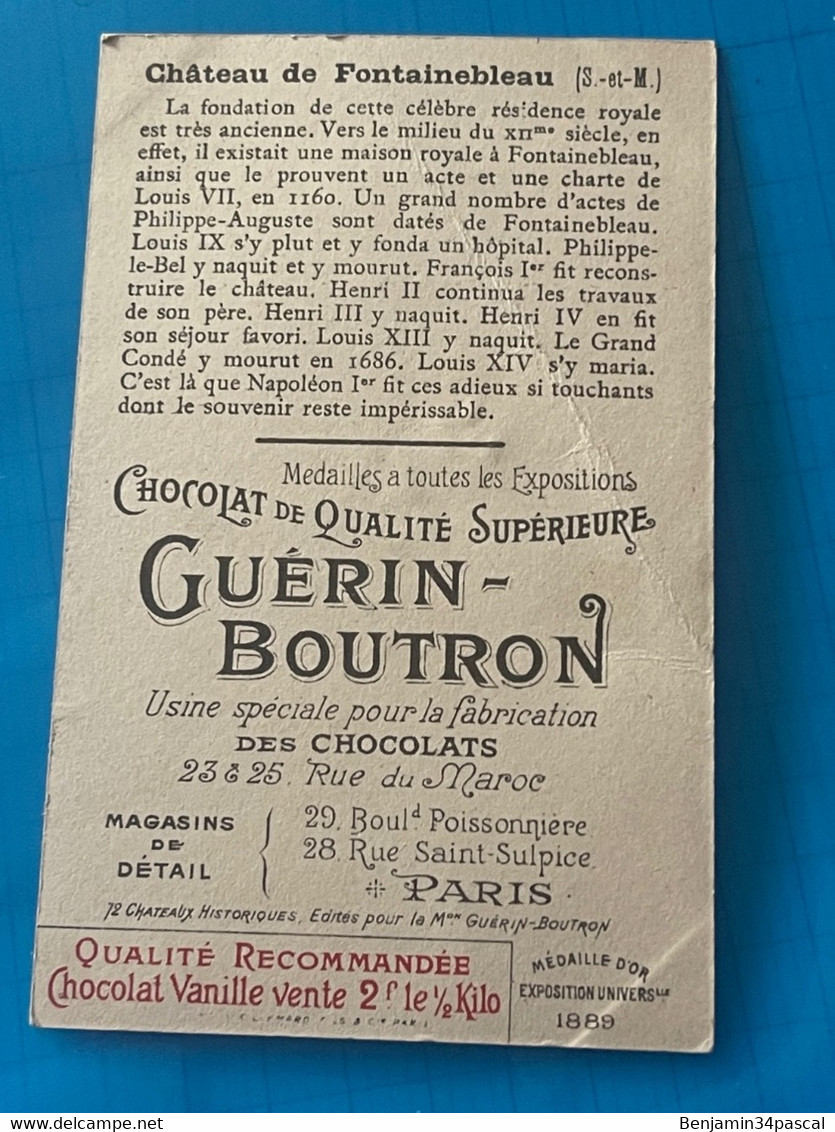 Chocolat GUÉRIN-BOUTRON Image -Chromo Ancienne - Château  De Fontainebleau ( Seine Et Marne ) - Chocolat