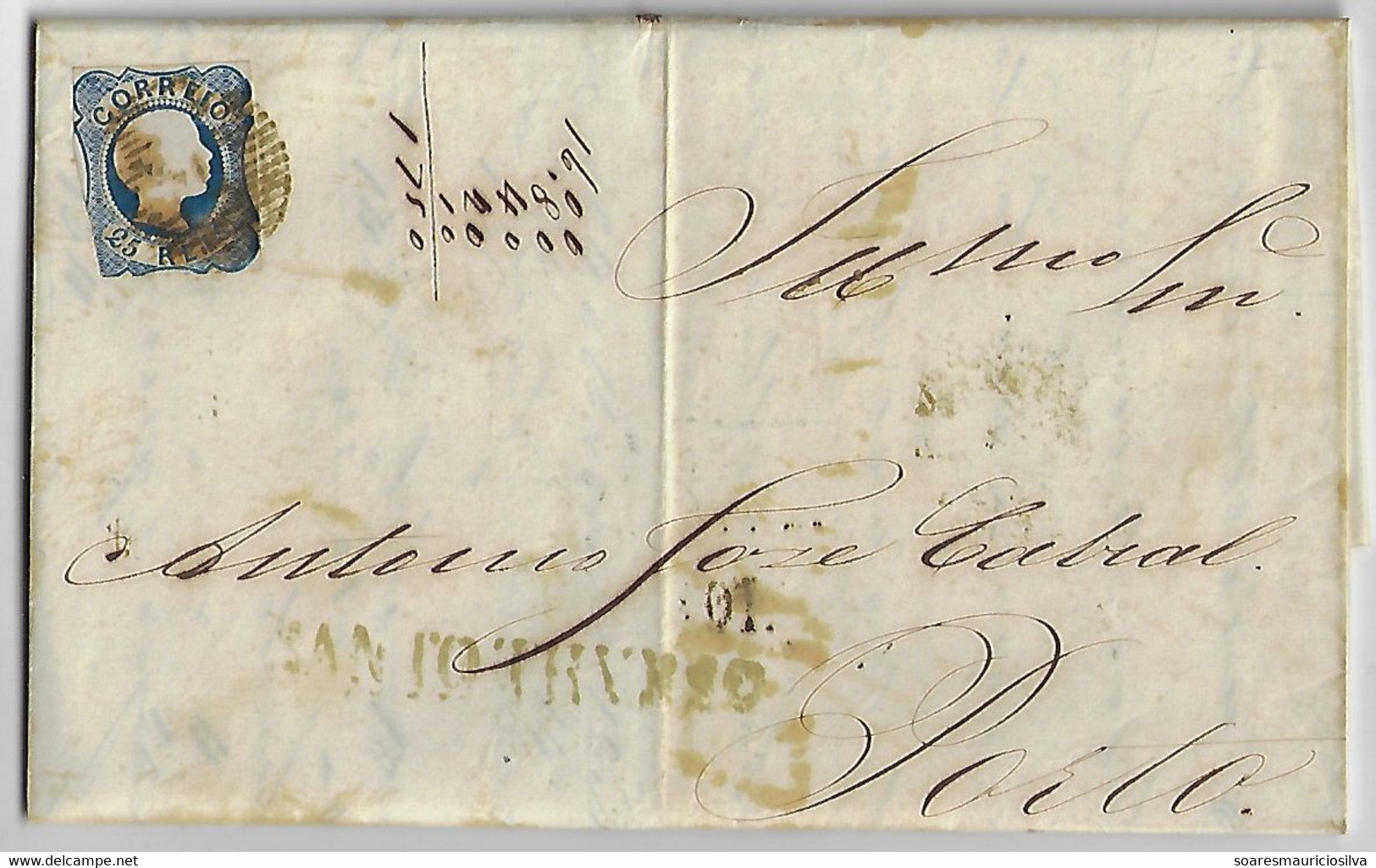 Portugal 1855 Fold Cover Sent From Santo Thirso Or Saint Thyrsus (October 7h) To Porto Stamp King Dom Pedro V 25 Réis - Brieven En Documenten