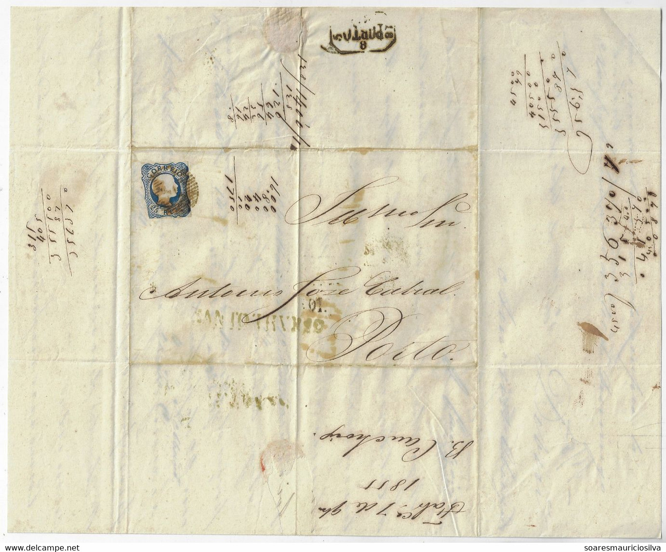 Portugal 1855 Fold Cover Sent From Santo Thirso Or Saint Thyrsus (October 7h) To Porto Stamp King Dom Pedro V 25 Réis - Storia Postale