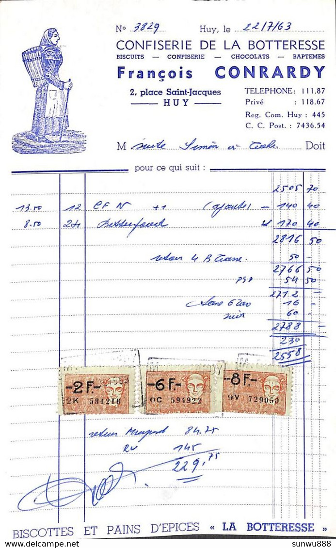 Huy - Confiserie De La Botteresse - François Conrardy 1963 + Timbres - 1950 - ...