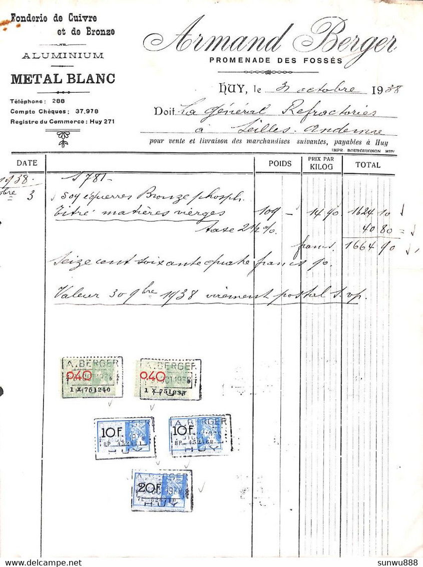 Huy - Fonderie De Cuivre Et De Bronze - Armand Berger 1938 + Timbres - 1900 – 1949
