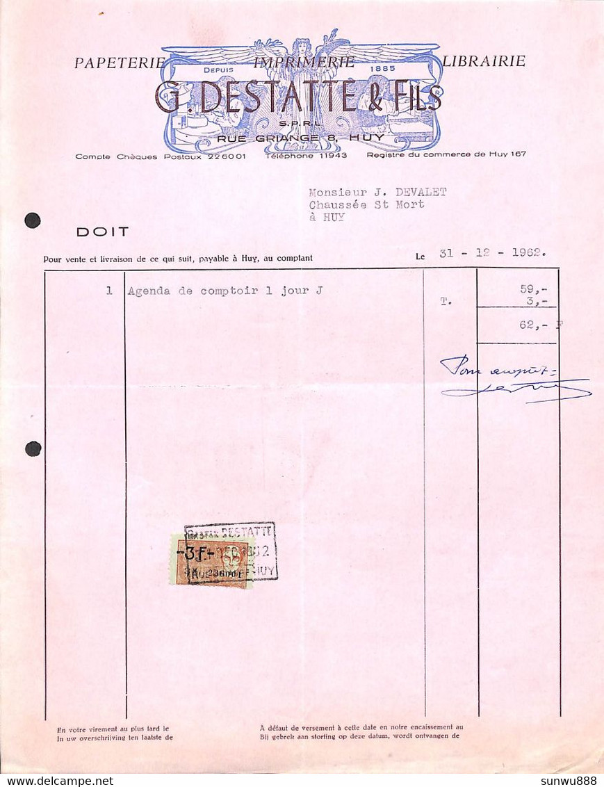 Huy - Imprimerie Papeterie G. Destatte & Fils 1962 + Timbre - Imprimerie & Papeterie