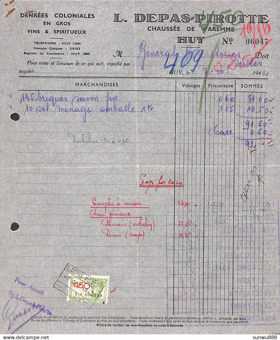 Huy - Denrées Coloniales L. Depas Pirotte 1942 + Timbre - 1900 – 1949