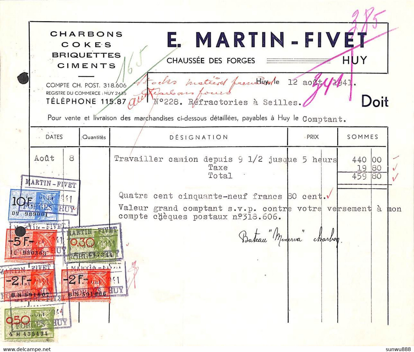 Huy - Charbons Cokes E. Martin Fivet 1941 + Timbres - 1900 – 1949
