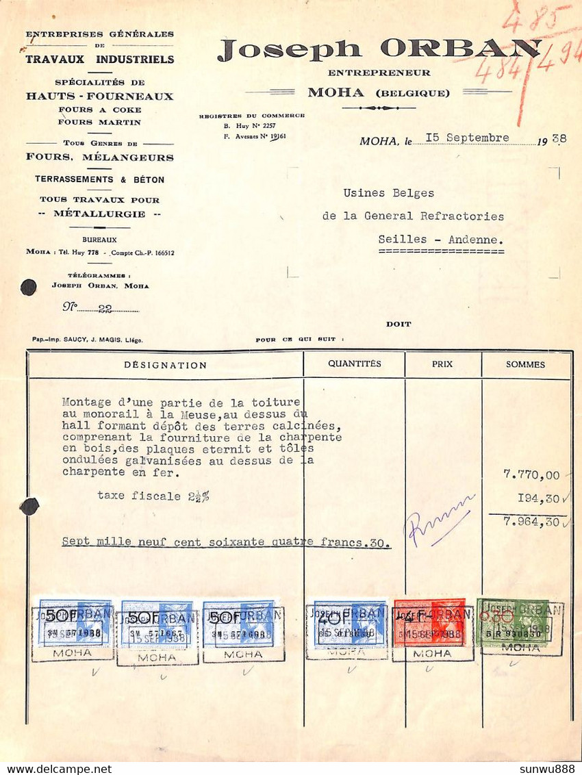 Moha - Entrepreneur Joseph Orban 1938 (toiture Au Monorail à La Meuse) + Timbres - 1900 – 1949