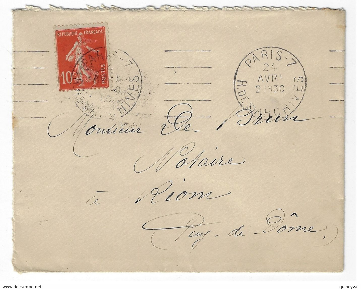 PARIS 7 R Des Archives Ob Meca GARCIA 24 4 1914 10c Semeuse Yv 138 - 1906-38 Säerin, Untergrund Glatt