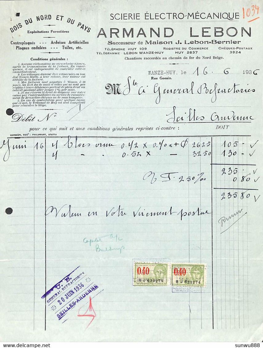 Wanze Huy - Scierie Electro-Mécanique Armand Lebon 1936 + Timbres - 1900 – 1949