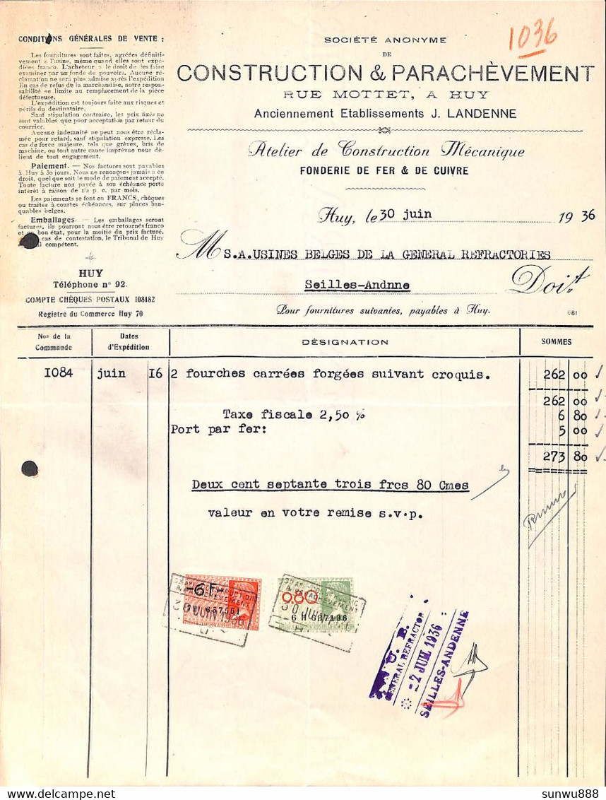 Huy - SA De Construction & Parachèvement Fonderie De Fer & Cuivre 1936 + Timbres - 1900 – 1949