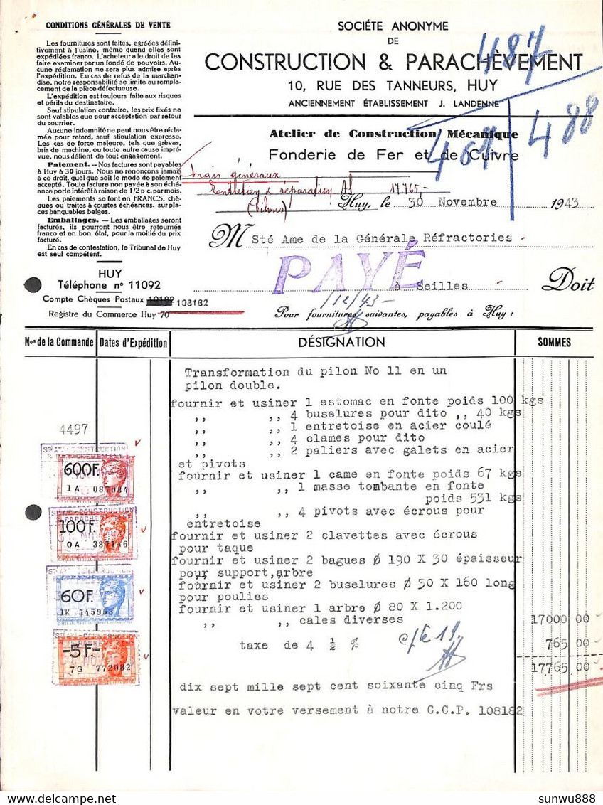 Huy - SA De Construction & Parachèvement Fonderie De Fer & Cuivre 1943 + Timbres (488) - 1900 – 1949