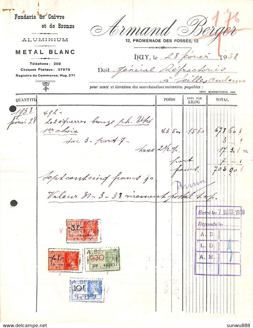 Huy - Fonderie De Cuivre Et De Bronze - Armand Berger 1938 + Timbres (176) - 1900 – 1949