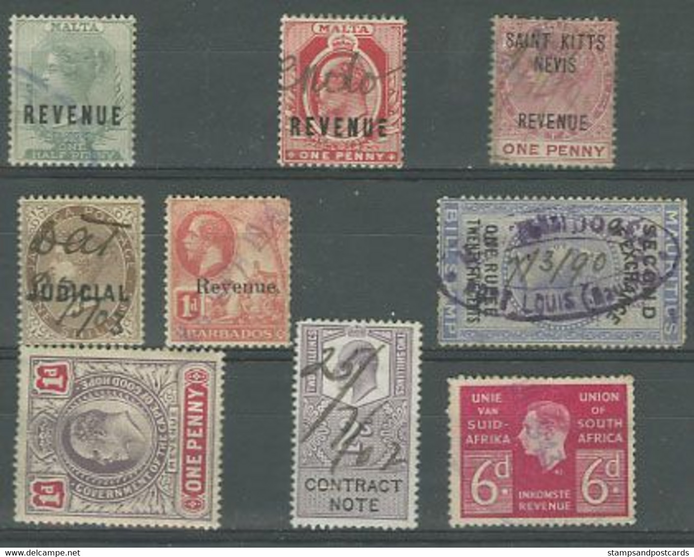 Great Britain Colonial Revenue Stamps Malta Saint Kitts Nevis Jamaica Barbados Mauritius South Africa Timbres Fiscaux - Revenue Stamps