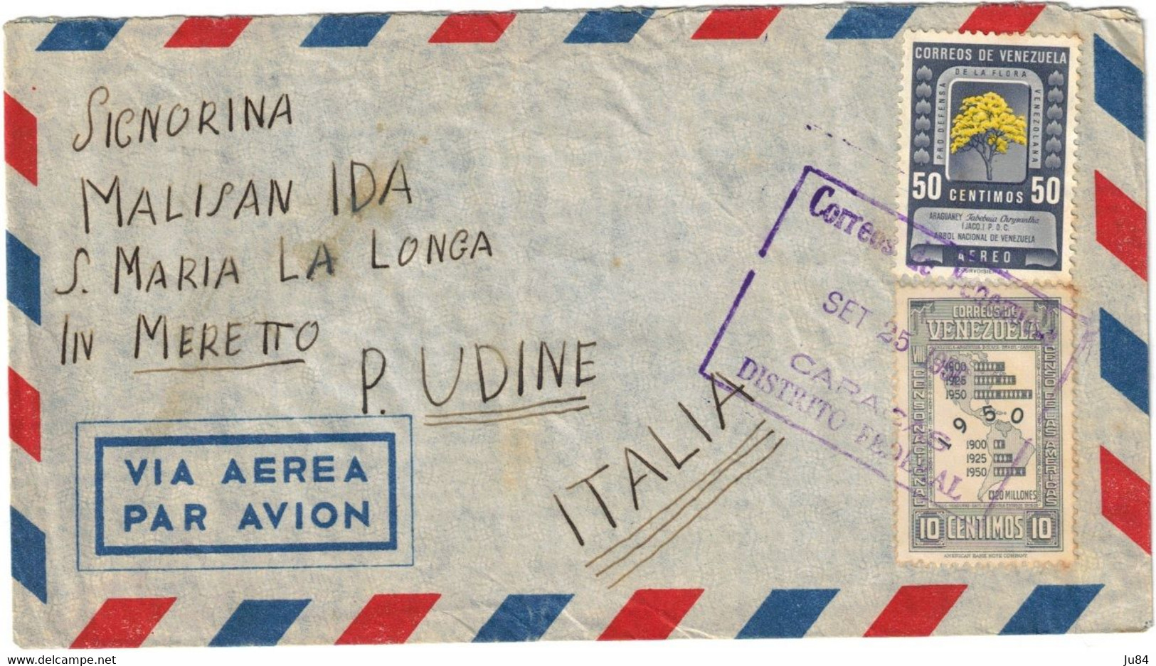 Venezuela - Caracas - Lettre Avion Pour Udine (Italie) - 25 Septembre 1950 - Venezuela