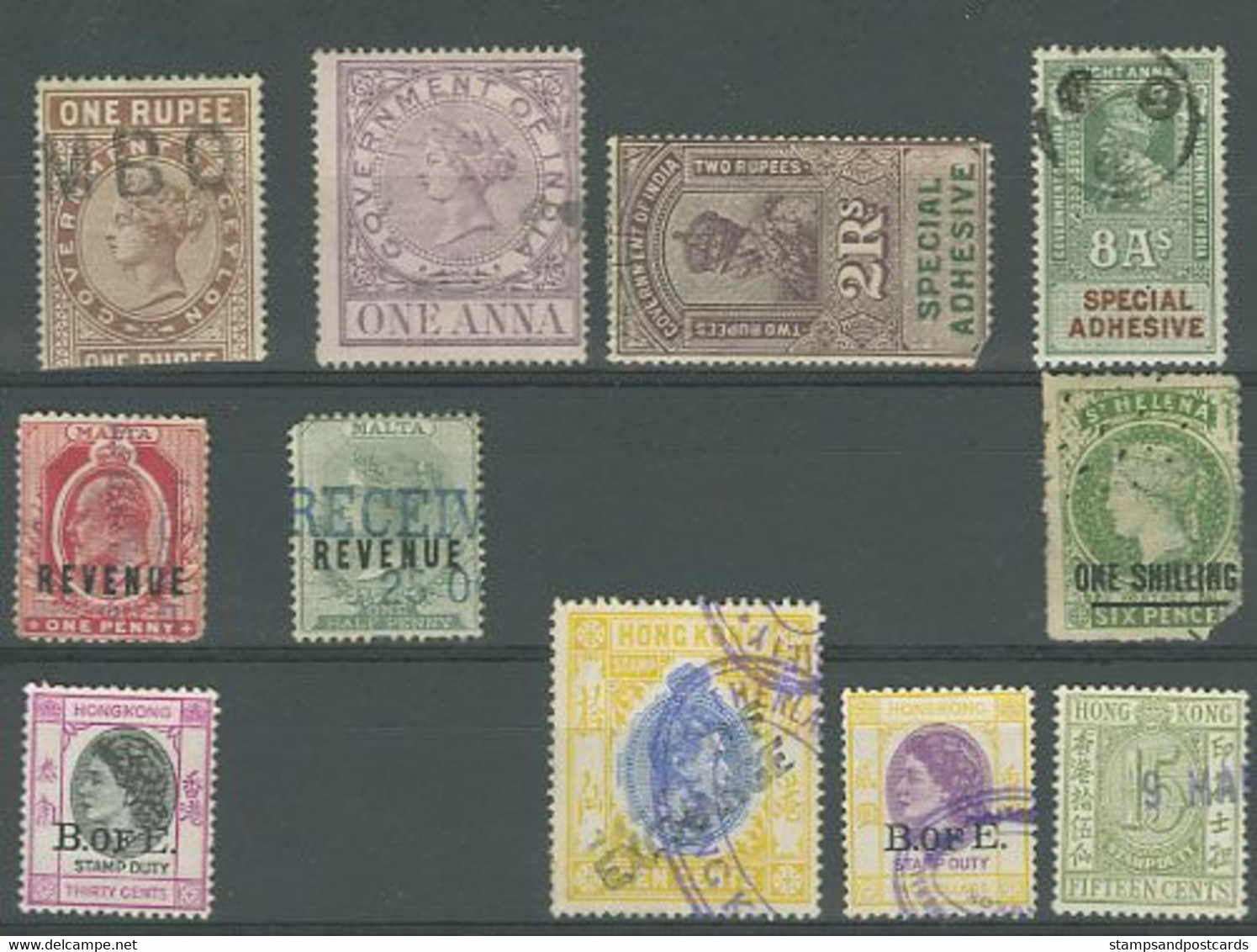 Great Britain Colonial Revenue Stamps India Malta Hong Kong China St. Helena Timbres Fiscaux - Revenue Stamps