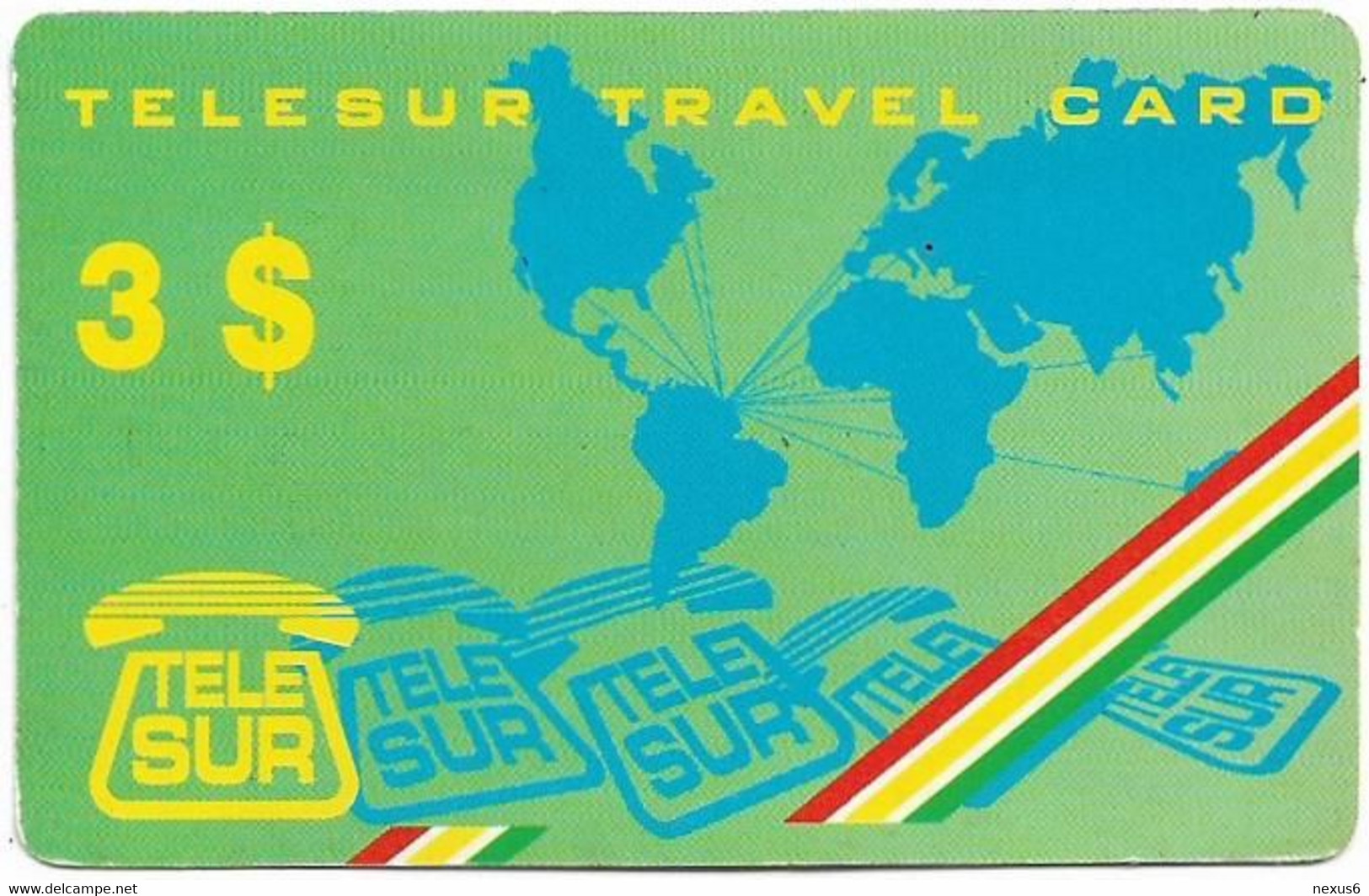 Suriname - Telesur - World Map Telephone Card (Green), Remote Mem. 3$, Used - Suriname