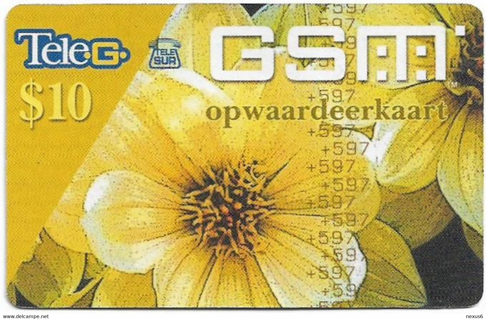 Suriname - Telesur - Yellow Flowers (Reverse Red PIN Type 2), Remote Mem. 10$, Used - Suriname