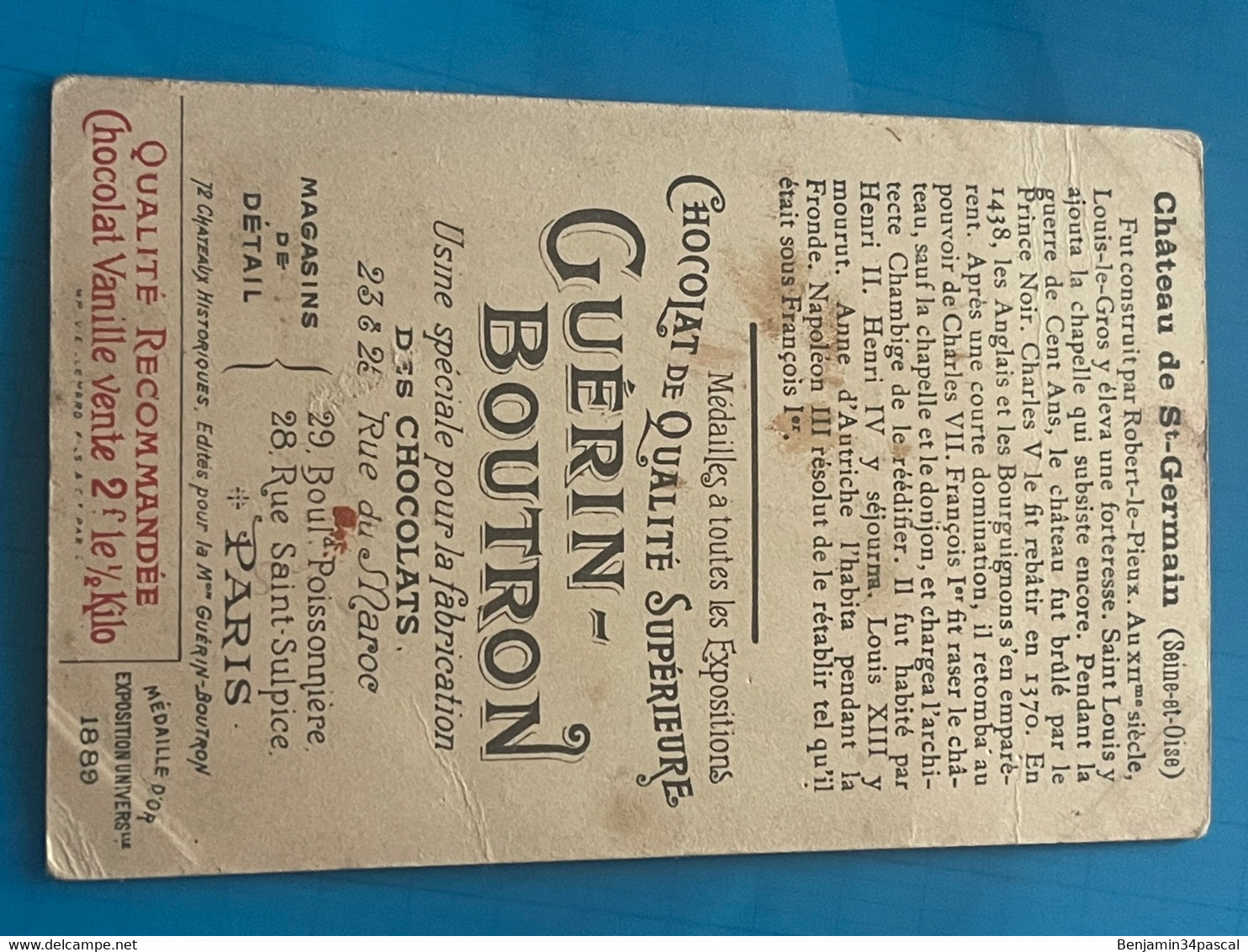 Chocolat GUÉRIN-BOUTRON Image -Chromo Ancienne - Château De Saint- Germain ( Seine Et Oise) - Chocolat