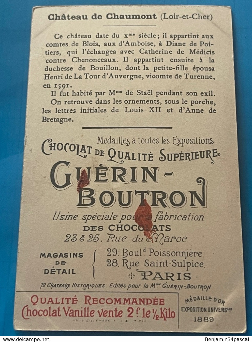 Chocolat GUÉRIN-BOUTRON Image -Chromo Ancienne - Château De Chaumont ( Loir Et Cher) - Chocolat