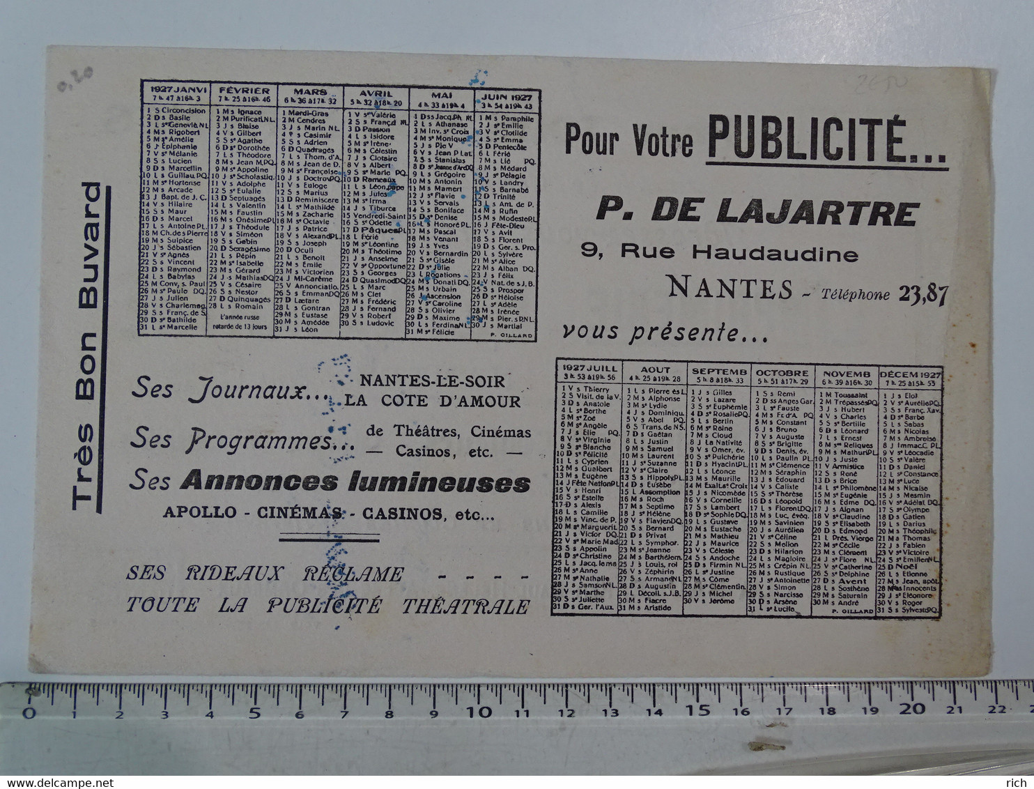 Buvard - Imprimerie De LAJARTRE - 7 Rue Du Lycée - NANTES - Calendrier 1927 - I