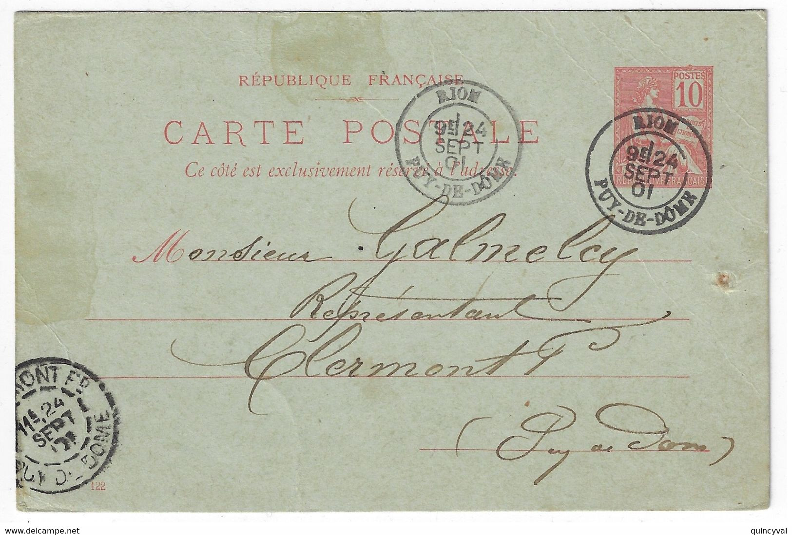 RIOM Puy De Dôme Entier Carte Postale 10c Mouchon Yv 112-CP1 Mill 122 Ob 24 09 1901 - Cartes Postales Types Et TSC (avant 1995)