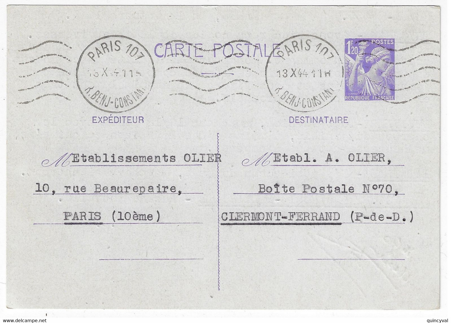 PARIS 107 Carte Postale Entier Iris 1,20 F Violet Yv 651-CP1 Ob 13 10 1944 - Standaardpostkaarten En TSC (Voor 1995)