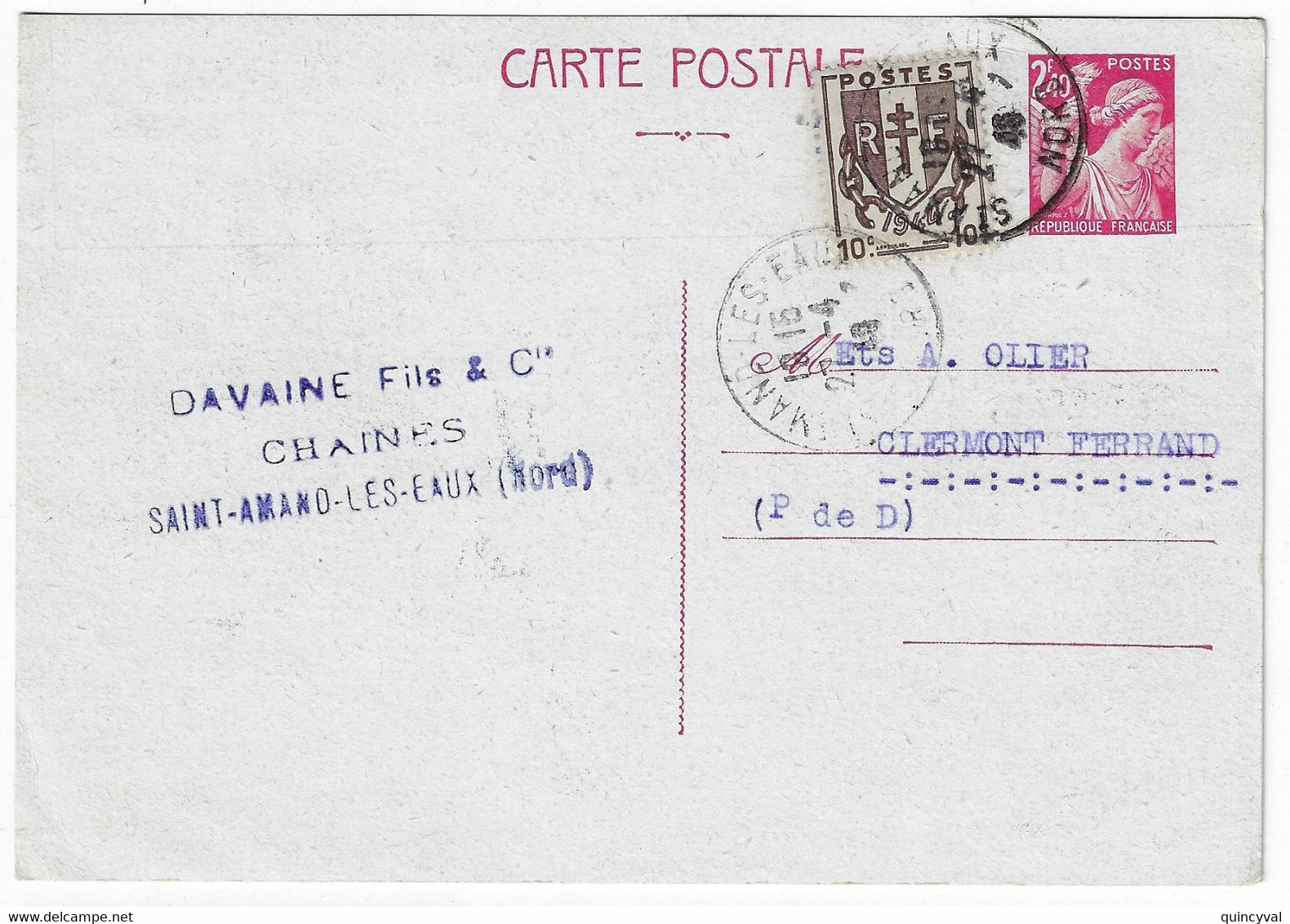 St AMAND Les EAUX Carte Postale Entier Iris 2,40 F Carmin Yv 654-CP1 Complément 10c Chaînes Brisées Yv 670 Ob 27 4 1946 - Standard Postcards & Stamped On Demand (before 1995)