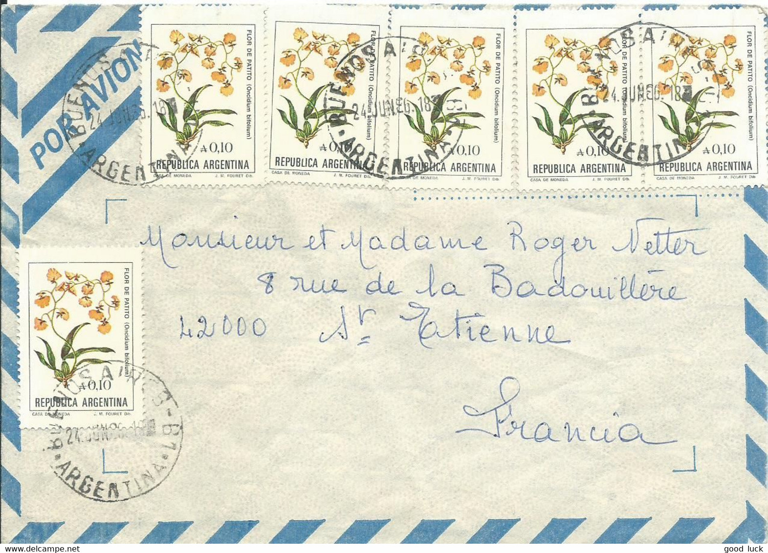 ARGENTINE LETTRE à 0,60 DE BUENOS AIRES POUR ST ETIENNE ( LOIRE ) PAR AVION DE1993 LETTRE COVER - Storia Postale