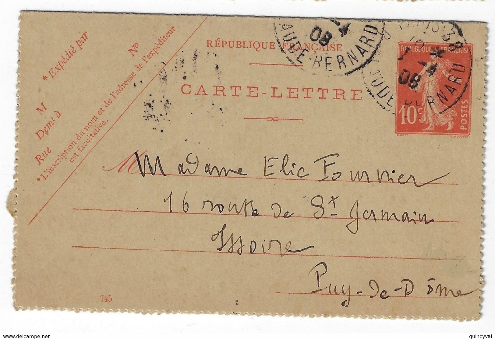 PARIS 38 Claude Bernard Carte Lettre 10c Semeuse Mill 745  Yv 138-CL1 - Cartes-lettres