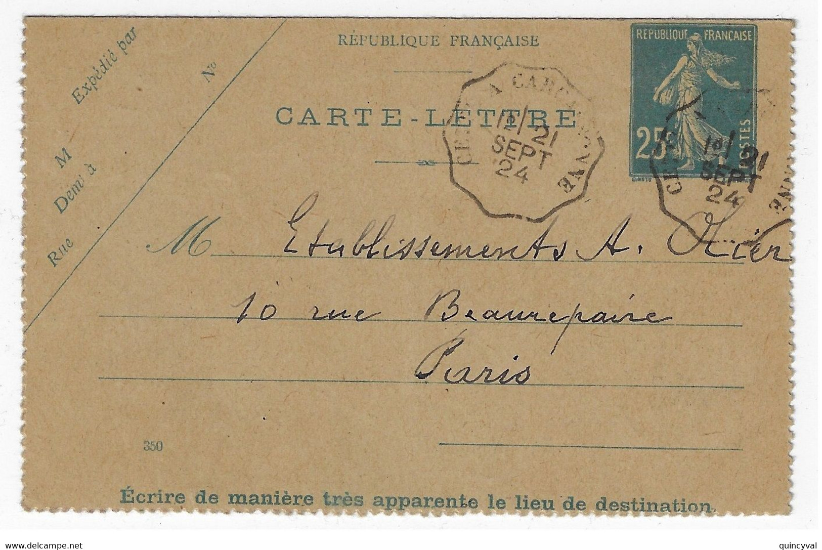 CETTE à CARCASSONNE Carte Lettre Entier 25c Semeuse Bleu Yv 140-CL2  Mll 350 Type 4 Ob Convoyeur 1924 - Kartenbriefe