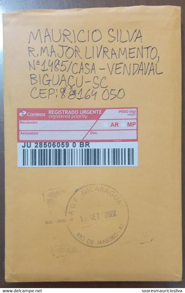 Brazil 2022 Barcode Label Registered Cover Sent From Rio De Janeiro City Nicaragua Franchised Agency To Biguaçu - Covers & Documents