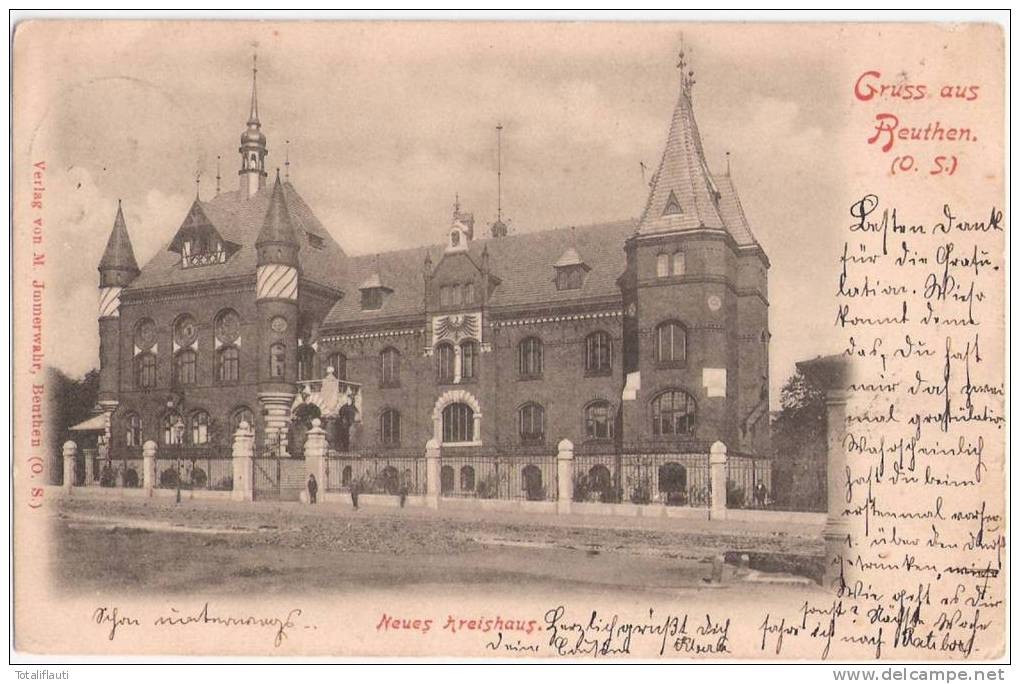Gruss Aus Beuthen Neues Kreishaus Belebt Bytom KARF 5.8.1900 Gelaufen - Schlesien