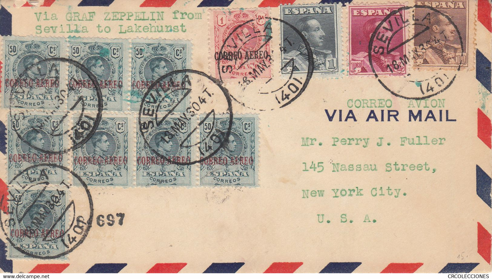 CRCAR175 RARO SOBRE DE SEVILLA A NY CON SELLOS 299 -8-, 296, 321, 322 Y 323 A TRAVES DEL GRAF ZEPPELIN. - Storia Postale (Zeppelin)