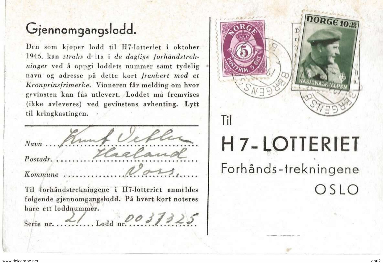 Norway 1946  Card H7-lotteriet   - Crown Prince Olav  In Uniform- Mi 310   Cancellation Bergensbanen 19.10.1946 - Covers & Documents