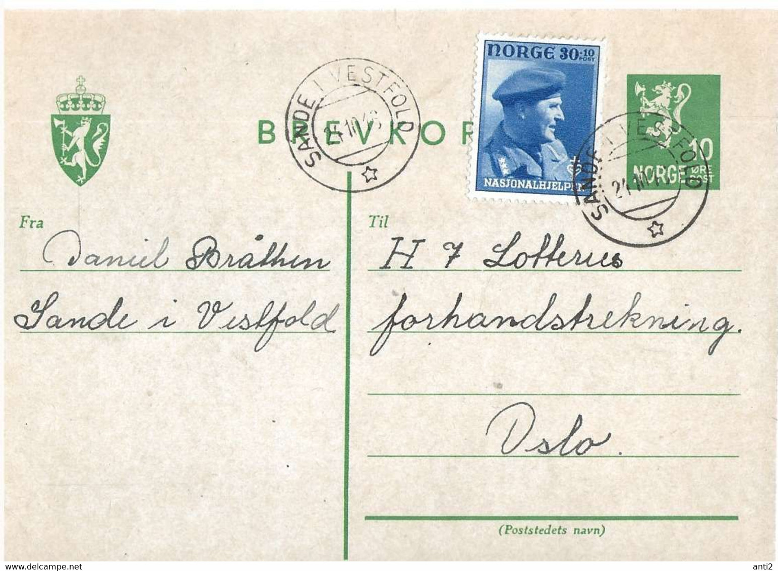 Norway 1946  Letter Card With Imprinted Lion 10øre +- Crown Prince Olav  In Uniform- Mi 313 - Brieven En Documenten