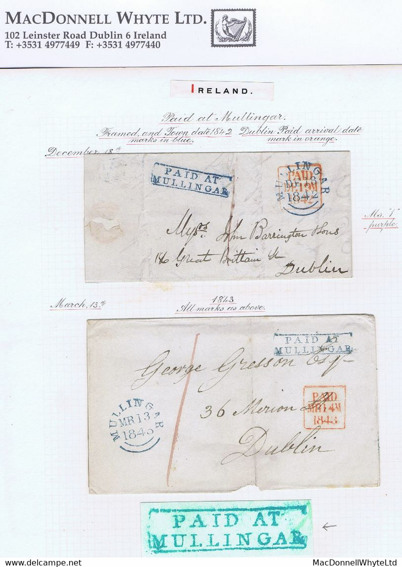 Ireland Westmeath Uniform Penny Post 1842-43 Covers To Dublin Prepaid "1" With PAID AT/MULLINGAR In Blue, Frame Broken - Prephilately