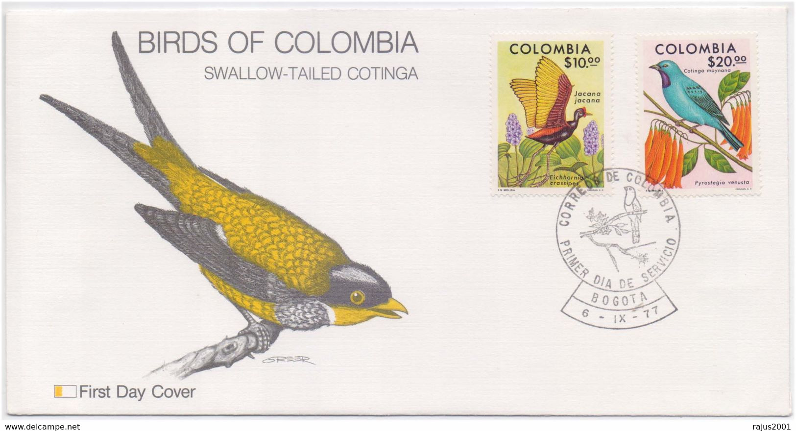 Birds Of Colombia, Swallow Tailed Cotinga, Jacana Bird, Animal, Pictorial Cancellation Official FDC - Golondrinas