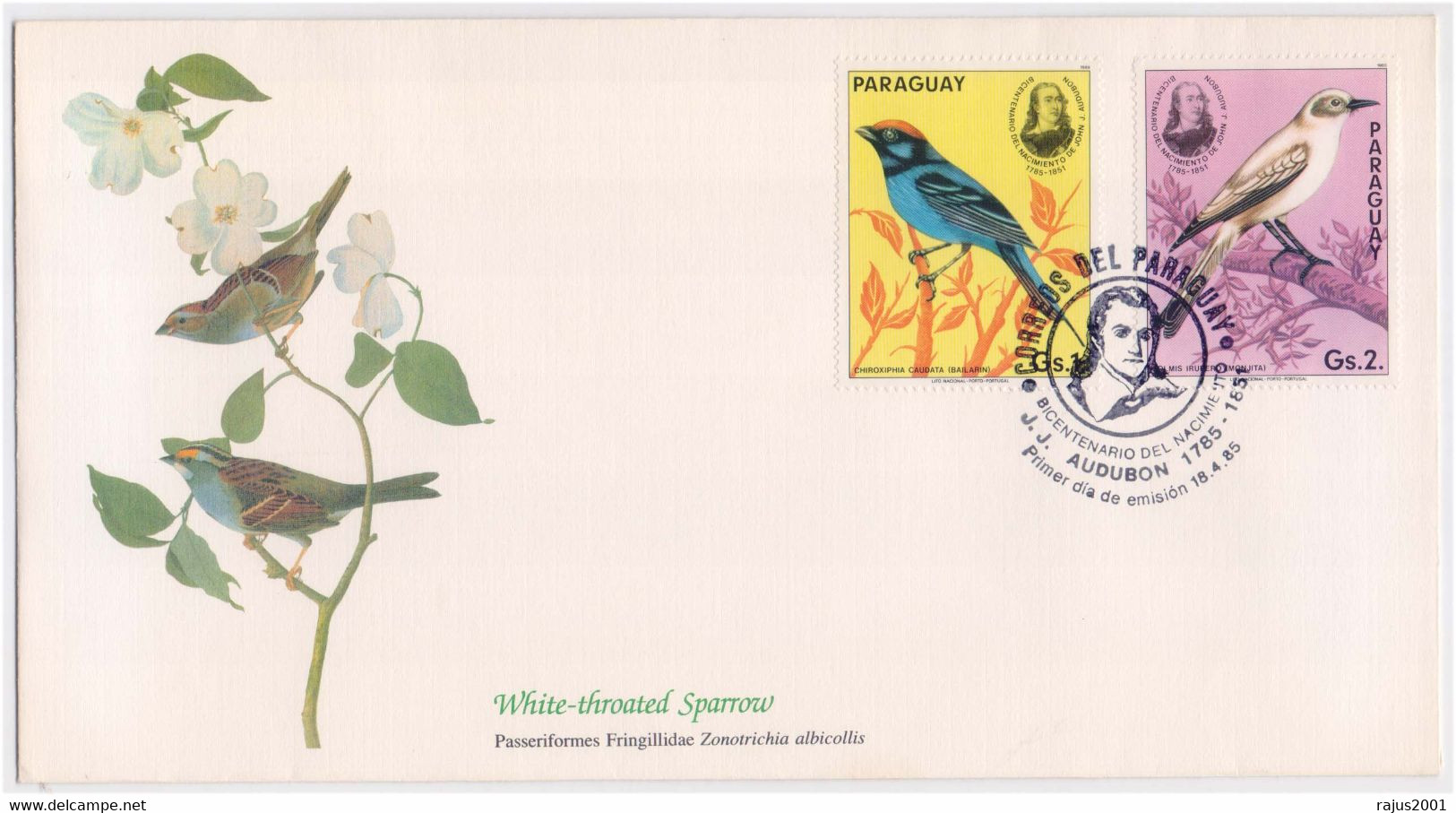 J.J. Audubon Birds, White Throated Sparrow, Birds, Bird, Animal, Audubon Pictorial Cancellation Paraguay FDC - Mussen