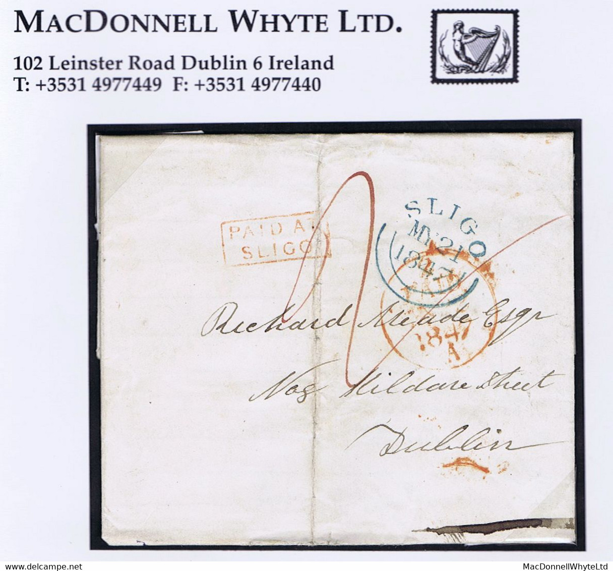 Ireland Sligo 1847 Letter Castlegal To Dublin Paid Double "2" With Framed PAID AT/SLIGO In Red, SLIGO MY 21 1847 Cds In - Prefilatelia