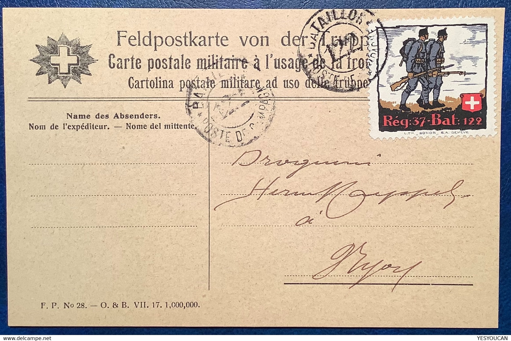 1917 Soldatenmarke REG:37-BAT:122 Feldpost-Karte>Nyon VD (Suisse Timbre Poste Militaire Schweiz WW1 War 1914-1918 Guerre - Documents