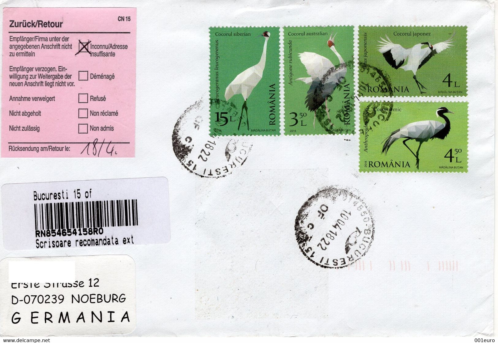 ROMANIA  2018 : BIRDS - CRANES Returned REGISTERED Cover From GERMANY - Registered Shipping! - Lettres & Documents