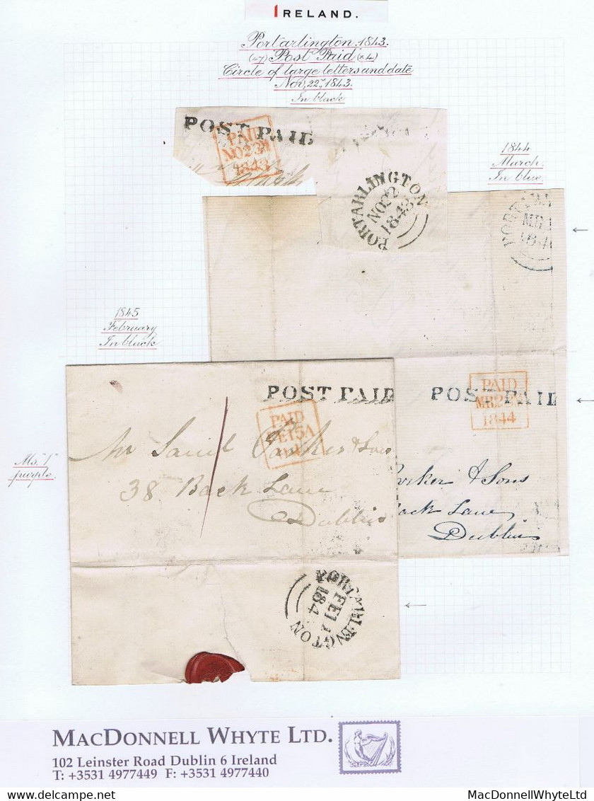 Ireland Laois 1843-45 Unframed POST PAID Of Portarlington In Black Or Blue, Matching PORTARLINGTON Cds - Vorphilatelie