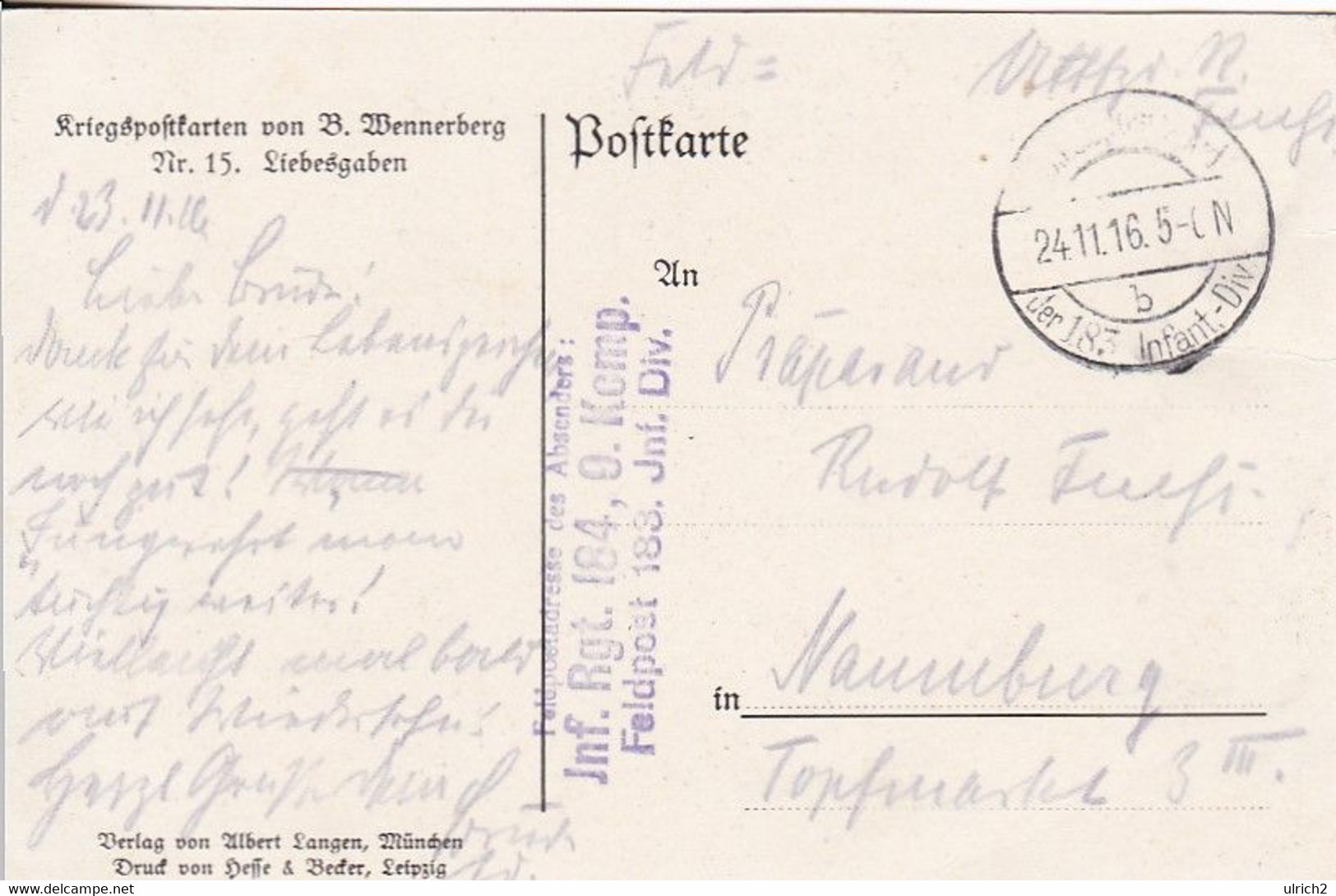 AK Liebesgaben - Künstlerkarte Wennerberg - Feldpost Inf. Rgt. 184 - 1916 (62673) - Wennerberg, B.