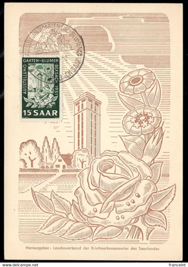 SAAR(1951) Rose. Mittelbexbach Tower.  Scott No 229. Yvert No 294. Bexbach Garden And Flower Exhibition. Maximum Card. - Tarjetas – Máxima