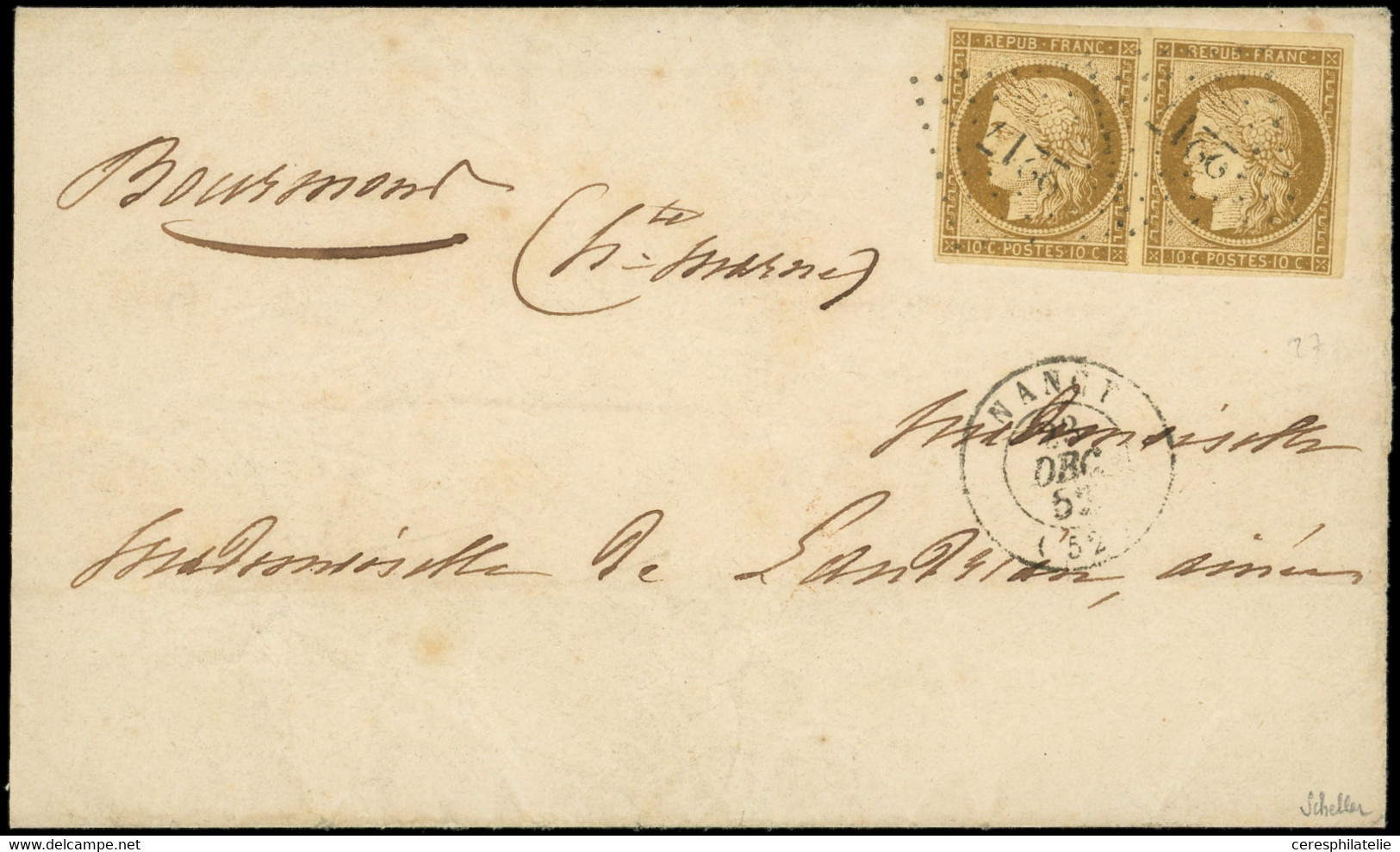 Let EMISSION DE 1849 - 1a   10c. Bistre-brun, PAIRE Obl. PC 2217 S. LSC, Càd T15 NANCY 23/12/52, TTB. S - 1849-1876: Classic Period