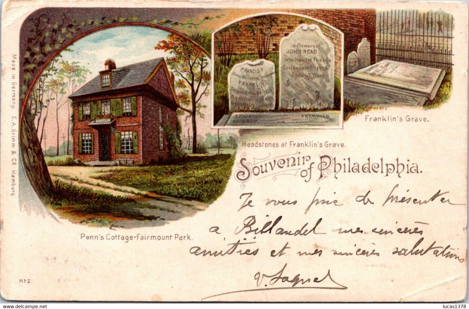 Souvenir Of Philadelphia / LITHOGRAPHIE 1903  / Penn's Cottage Franklin's Grave / TAX - Philadelphia